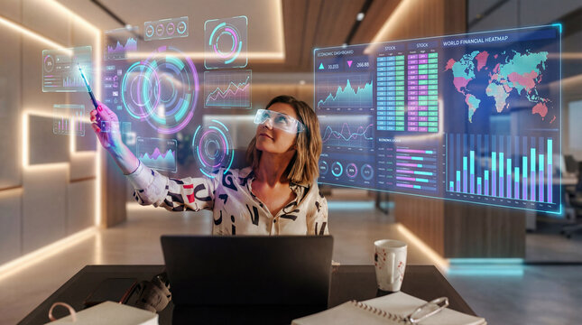 Businesswoman analyzing holographic financial data with smart glasses