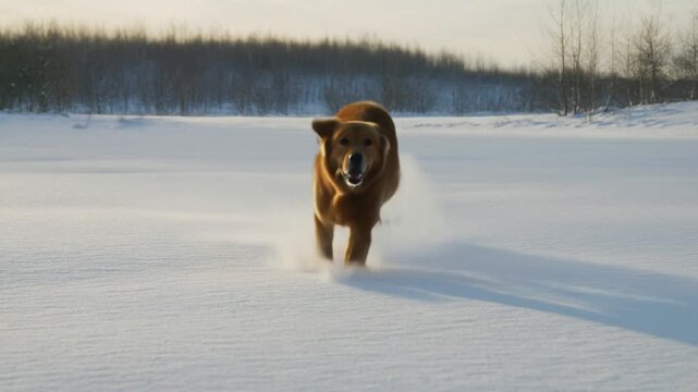 A dog joyfully running through a snowy landscape, leaving trails behind. The dog's playful expression and snowy surroundings capture a moment of freedom and winter beauty Stock Video