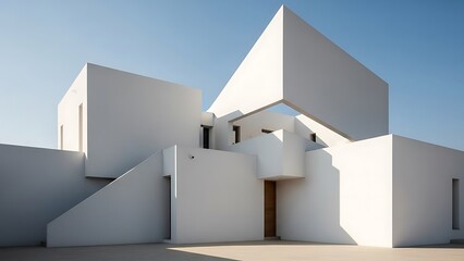 A striking modern building with sharp, geometric white forms and a bright blue sky. The structure features angular planes and contrasting shadows.