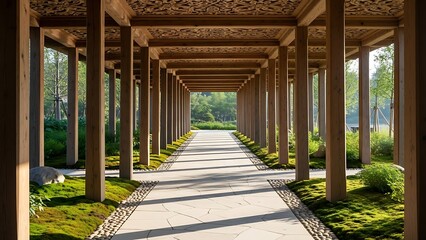A long, sun-dappled wooden walkway with mossy greenery on either side, leading towards an open, natural vista.