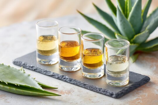 Curated tequila tasting flight with four distinct shots arranged on a slate board, surrounded by fresh agave leaves, showcasing vibrant colors and textures for an inviting experience