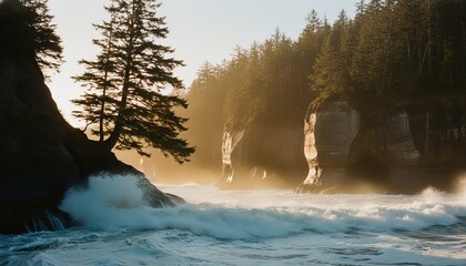 Powerful ocean waves crashing against rocky cliffs with a lone tree and dense forest during a majestic golden hour sunrise with warm, hazy light and sea spray