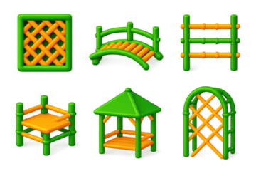 Variety of green and orange structures, including a bench, a gazebo, a bridge