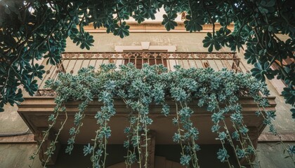 Vintage balcony with lush trailing succulents overflowing from an ornate rusty railing on an old building, viewed from a low angle with a moody, romantic aesthetic