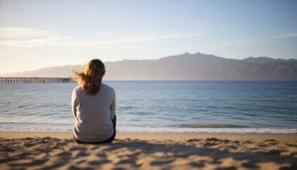 Woman with reddish hair sits alone on a sandy beach, looking out at the calm ocean and distant mountains during a peaceful, golden hour sunset