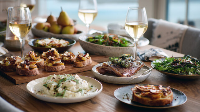 table showcasing lavish, multi-course meal featuring contemporary gourmet dishes like crostini and plated proteins, paired with wine, set in bright, modern, high-end restaurant or home dining setting - Powered by Adobe