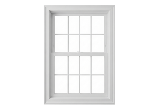 Classic white window frame with grid design offers bright natural light indoors, isolated on a transparent PNG background.