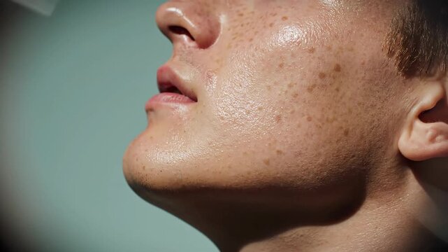 Person face profile sunlight freckled skin closeup human detail outdoor portrait