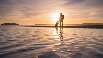 Traveler and their canine companion silhouetted against a stunning sunset, standing together at the water's edge during a tranquil evening adventure