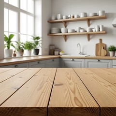 Wooden tabletop in bright kitchen with shelves and plants