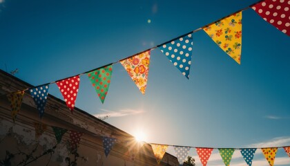 Colorful triangular party bunting flags with polka dot and floral patterns hang on a string, backlit by the warm afternoon sun during a festive outdoor event