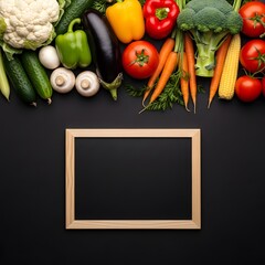 Fresh vegetables bordering a blank chalkboard on a dark background