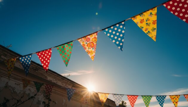 Colorful triangular party bunting flags with polka dot and floral patterns hang on a string, backlit by the warm afternoon sun during a festive outdoor event