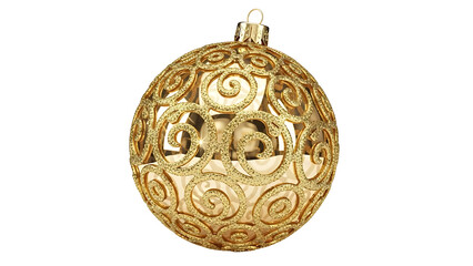 Elegant golden Christmas ornament with intricate swirl design and festive glow