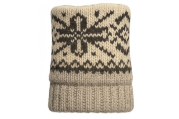Beige knit beanie with fair isle snowflake pattern, warm woolen winter clothing accessory, transparent background