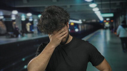 Young man with a beard appears worried at an indoor train station, the surrounding environment...