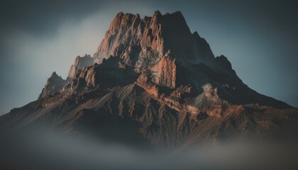Majestic rocky mountain peak with jagged ridges is illuminated by the warm glow of sunrise, creating dramatic shadows and an ethereal mist under a moody twilight sky