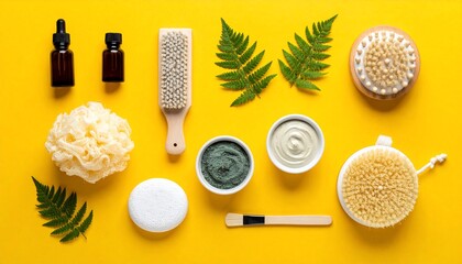Holistic spa treatment essentials arranged on a vibrant yellow surface for wellness