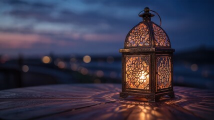 A lantern in the traditional Moroccan style radiating warm light. The lamp is located on a dark background. A photo with a place for the text.