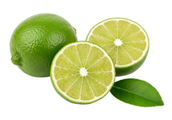 Fresh vibrant limes with leaf for healthy recipes, bright flavor and summer drinks, isolated on a transparent PNG background.