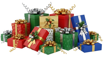 Festive assortment of colorful Christmas gifts wrapped with ribbons and bows