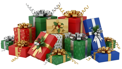 Festive assortment of colorful Christmas gifts wrapped with ribbons and bows