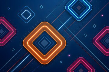 Glowing neon rhombus shapes on a dark blue digital background