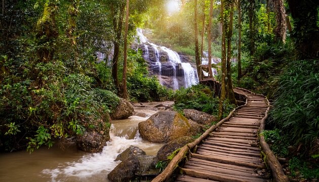 lush green jungle trail near waterfall in chiang mai thailand - Powered by Adobe