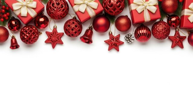 Festive red christmas ornaments and gifts border on white background