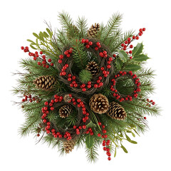 Festive Christmas arrangement featuring pine cones red berries and evergreen branches