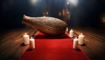 red carpet and candles surround ancient vessel earthy ritualistic