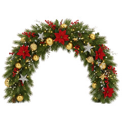 Festive Christmas Arch Decoration with Poinsettias Baubles Stars and Warm Lights