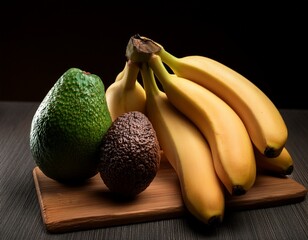fresh fruit still life featuring bananas an avocado and an apple