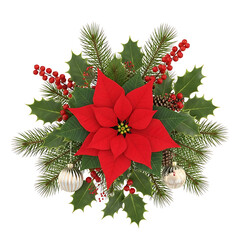 Festive Christmas arrangement with poinsettia fir branches holly and ornaments decor