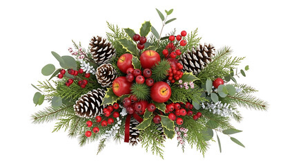 Festive Christmas arrangement with red apples berries pine cones and greenery