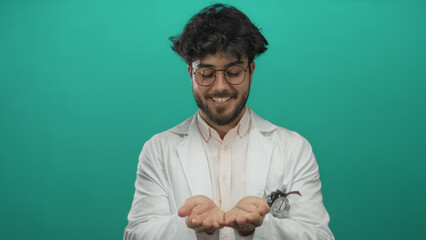 Young man with beard and glasses wearing white coat extending hands towards camera against a vivid green background, suggestive of curiosity and friendliness.