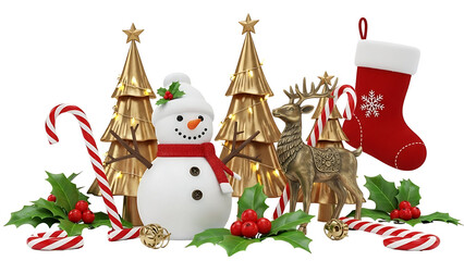 Festive Christmas arrangement with snowman golden trees reindeer stocking and candy canes