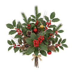Festive Christmas Bouquet with Holly Berries Pine Cones and Baubles on Black