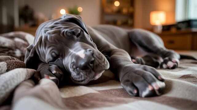 Tired great dane puppy sleeping peacefully on cozy living room rug