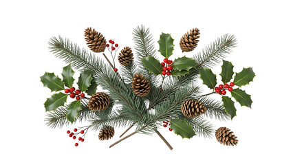Festive Christmas composition of pine branches cones and holly berries arrangement