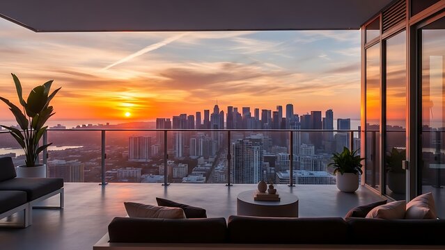 A modern apartment balcony with comfortable seating offers a breathtaking view of a city skyline bathed in the warm glow of a sunset.