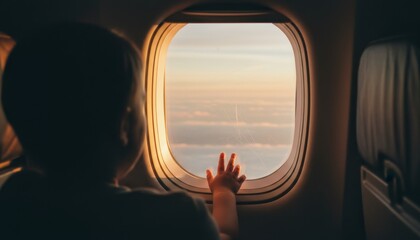 Young curious child in silhouette looks out an airplane window with one hand on the glass, watching the beautiful sunset clouds during a peaceful evening flight