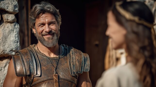 Jephthah returns victorious from battle, but his joy fades as he sees his daughter running toward him with a tambourine, a dramatic biblical moment of vow, sorrow, and irreversible sacrifice.