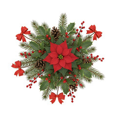 Festive Christmas floral arrangement with poinsettia pinecones holly and red bows