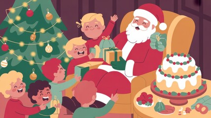 Fototapeta premium Little children with santa receiving gifts holiday tree decoration design