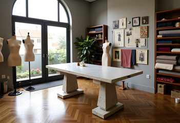 Modern fashion design studio interior with mannequins and fabric rolls