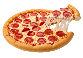 Delicious pepperoni pizza slice being lifted with stringy melted cheese, ready to eat, isolated on a transparent PNG background.