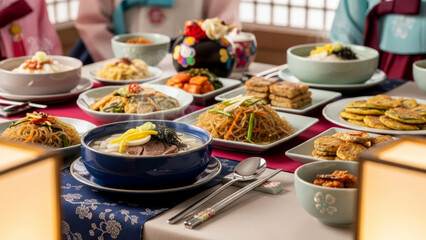 Fototapeta premium Korean feast with hanbok and dishes. Seollal Lunar New Year celebration.