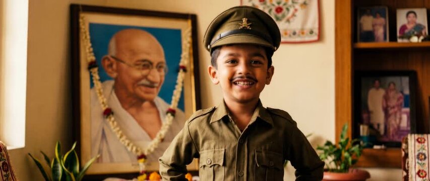 Young Policeman's Smile, A cheerful young boy dressed as a police officer stands proudly in front of a portrait, capturing his ambition and dreams. Indian Republic day