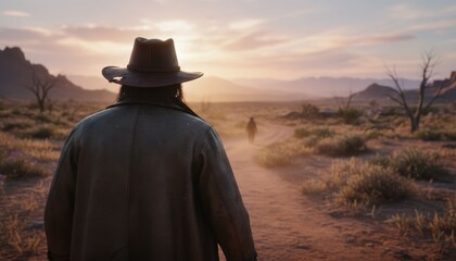 Mysterious wanderer in a worn hat and dark duster coat stands on a dusty desert path watching a distant figure walk away during a cinematic, golden sunset